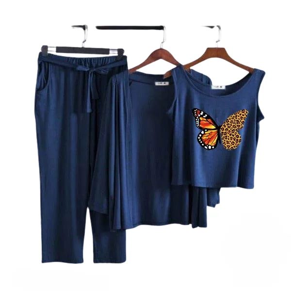 Orange Butterfly Women Night Suit PJ 3 Pieces Set Three-piece pajama sets