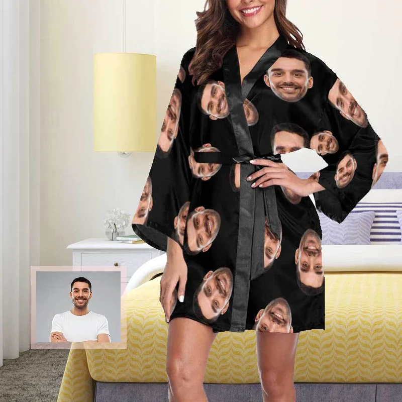 Custom Boyfriend Face Black Background Women's Short Pajamas Funny Personalized Photo Pajamas Kimono Robe Floral pajama sets