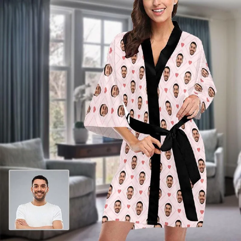 Custom Boyfriend Face Rhombus Women's Short Sleepwear Personalized Photo Pajamas Kimono Robe Fall pajama sets