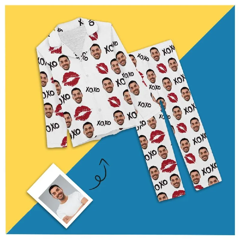 Custom Boyfriend Face XOXO Red Lips Nightwear Personalized Women's Slumber Party Long Pajama Set Expensive pajama sets