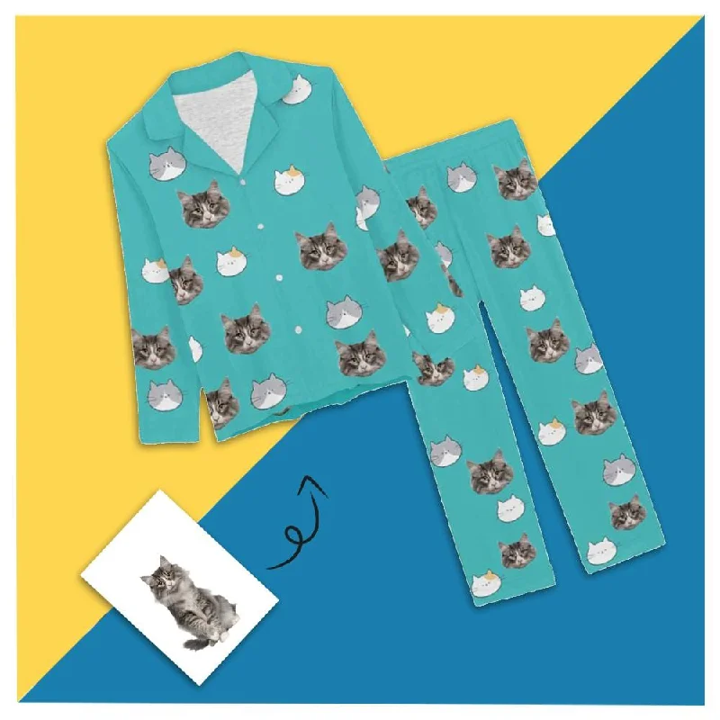 Custom Face Cartoon Pet Cat Sleepwear Personalized Women's Slumber Party Long Pajama Set Family matching pajama sets