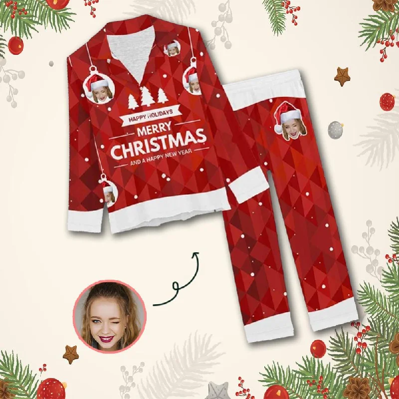 Custom Face Christmas Red Background Nightwear Personalized Women's Slumber Party Long Pajama Set Silk pajama sets