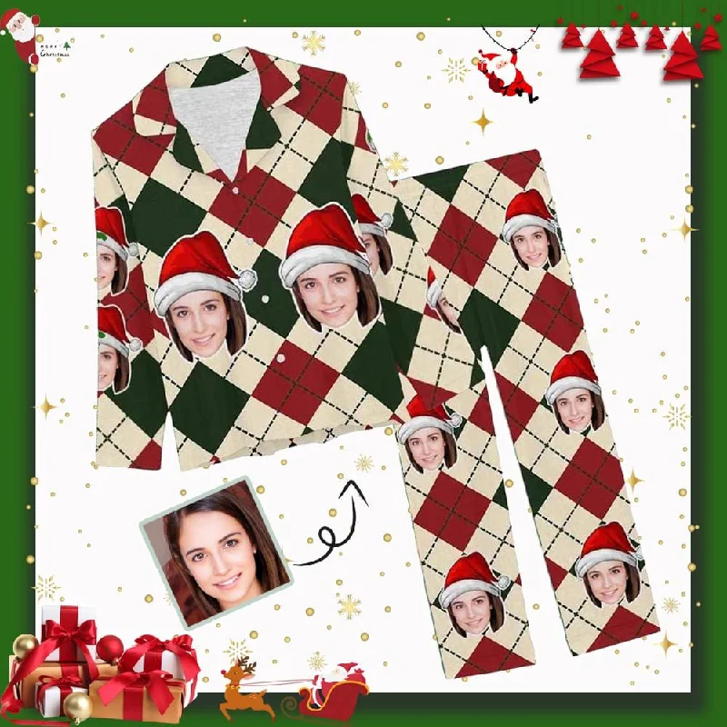 Custom Face Pajamas Red&Green Argyle Sleepwear Personalized Women's Slumber Party Long Pajama Set Funny graphic pajama sets