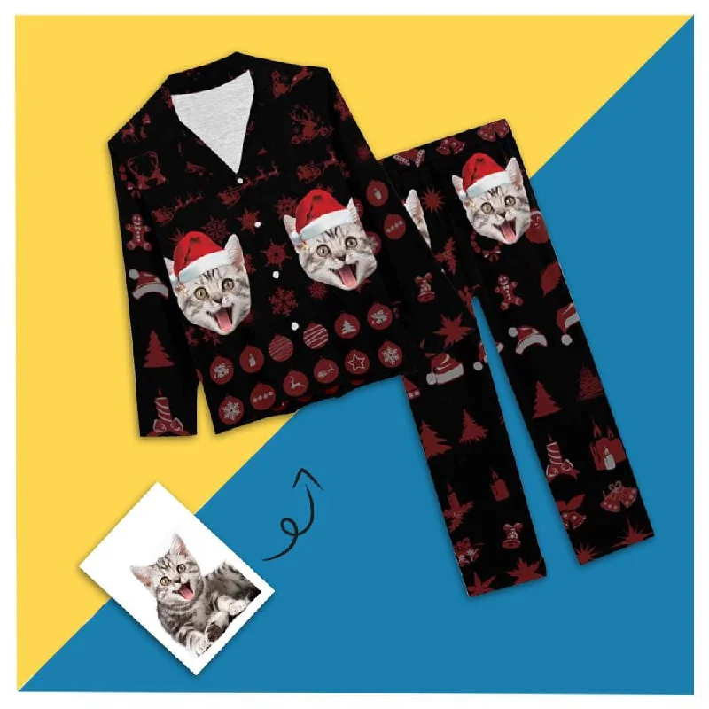 Custom Pet Cat Face Pajamas Christmas Hat Printing Sleepwear Personalized Women's Slumber Party Long Pajama Set Best pajama sets for girls' night