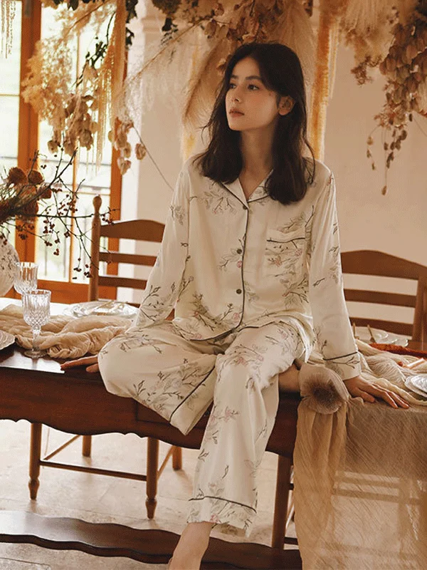 Flower Print Lapel Long Sleeve Pajama Set Bridal pajama sets