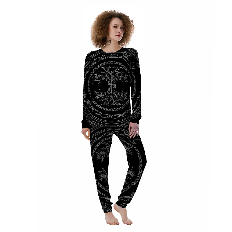 Viking Yggdrasil White And Black Print Women's Pajamas Thermal pajama sets