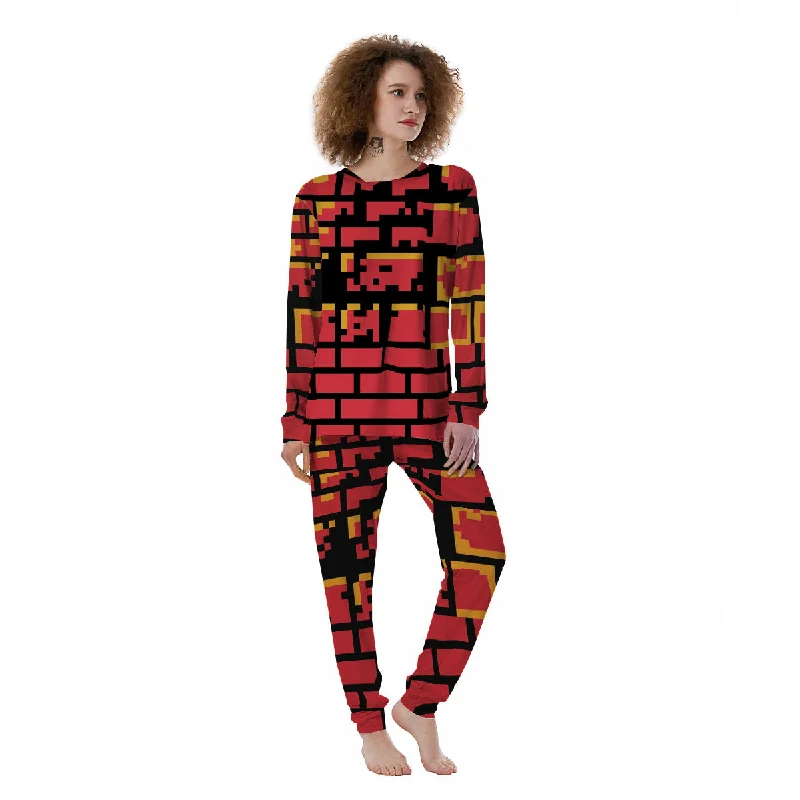 Wall Orange 8-Bit Pixel Print Women's Pajamas Softest pajama sets