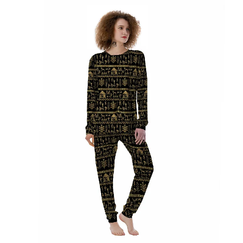 Warli Gold And Black Print Pattern Women's Pajamas Best pajama sets for pregnancy