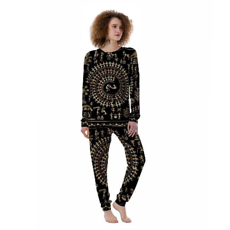 Warli Tribal Gold And Black Print Women's Pajamas Discounted pajama sets