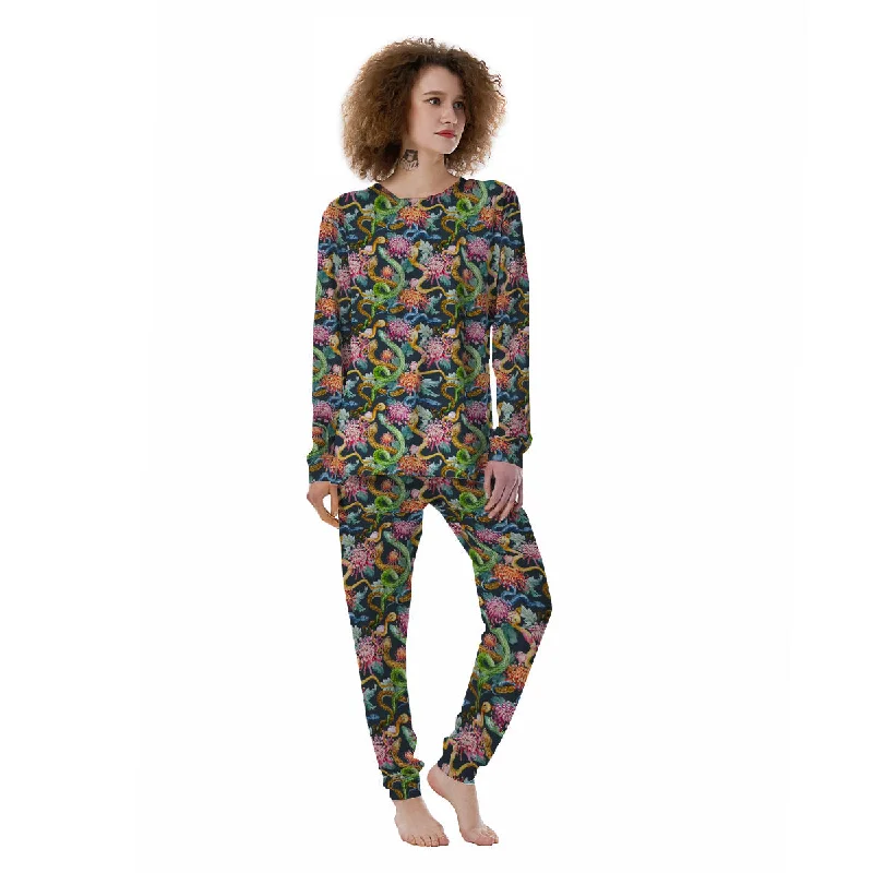 Watercolor Snake Chrysanthemum Flowers Print Pattern Women's Pajamas Short sleeve pajama sets