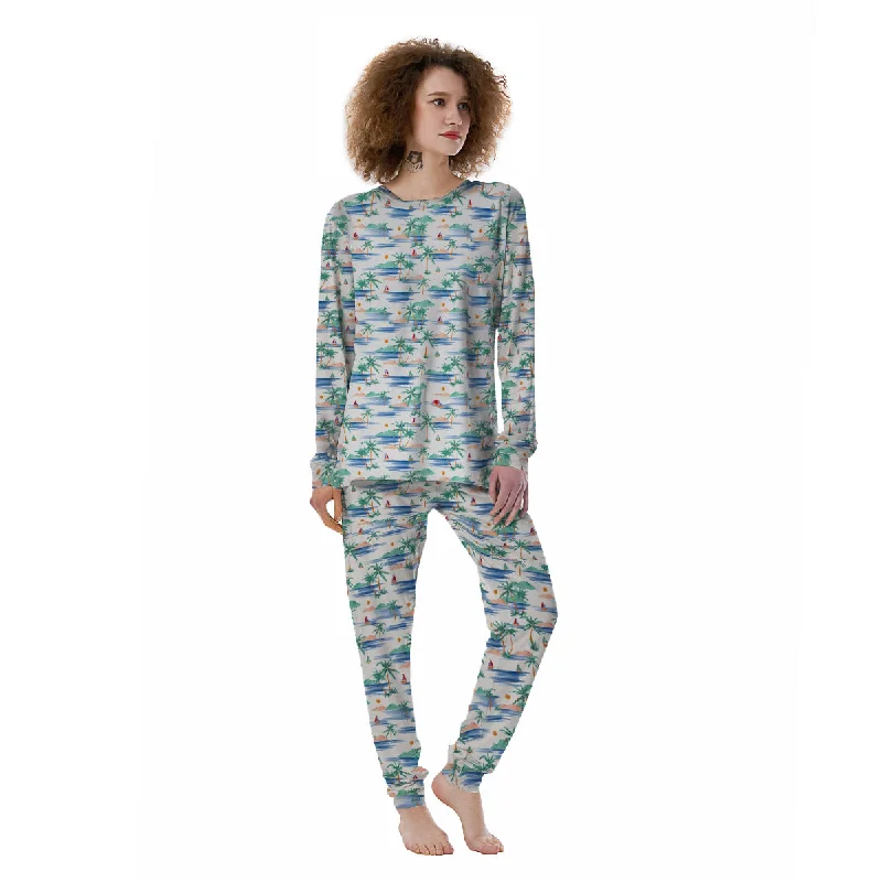 Watercolor Summer Island Palm Tree Print Pattern Women's Pajamas Thermal pajama sets