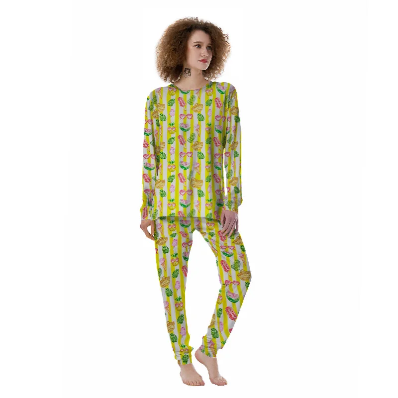 Watercolor Summer Yellow Stripe Print Pattern Women's Pajamas Linen pajama sets