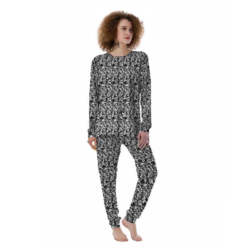 Western Flower White And Black Print Women's Pajamas Long sleeve pajama sets