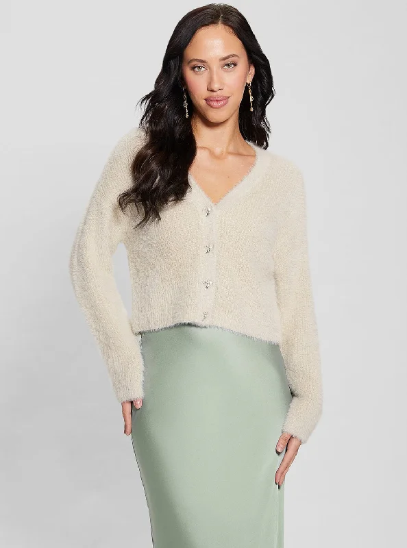 Beige Bow Button Knit Cardigan Chunky knit sweaters