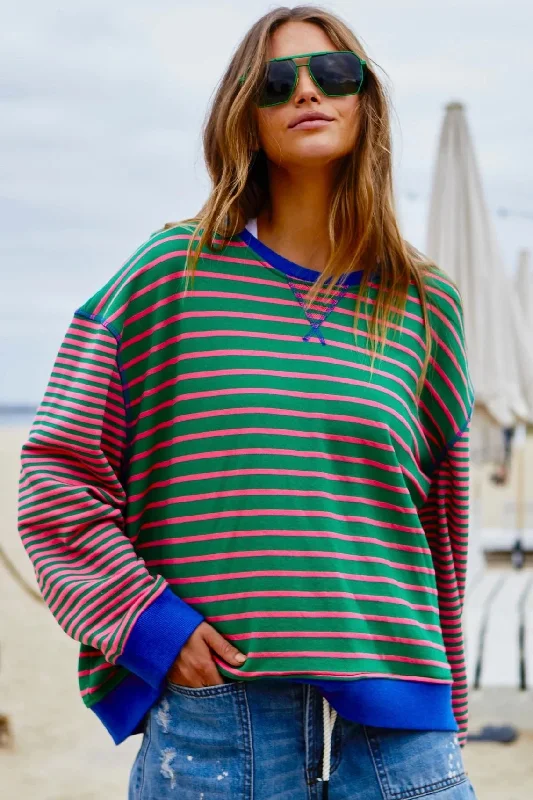 HAMMILL & Co Womens Retro Stripe Sweat - Green & Pink Eco-friendly sweaters