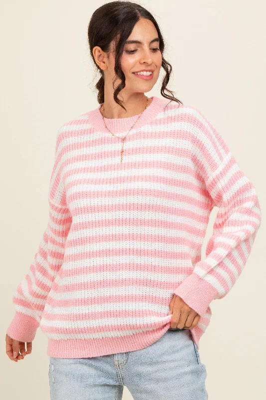 Light Pink Striped Crew Neck Sweater UV protection sweaters