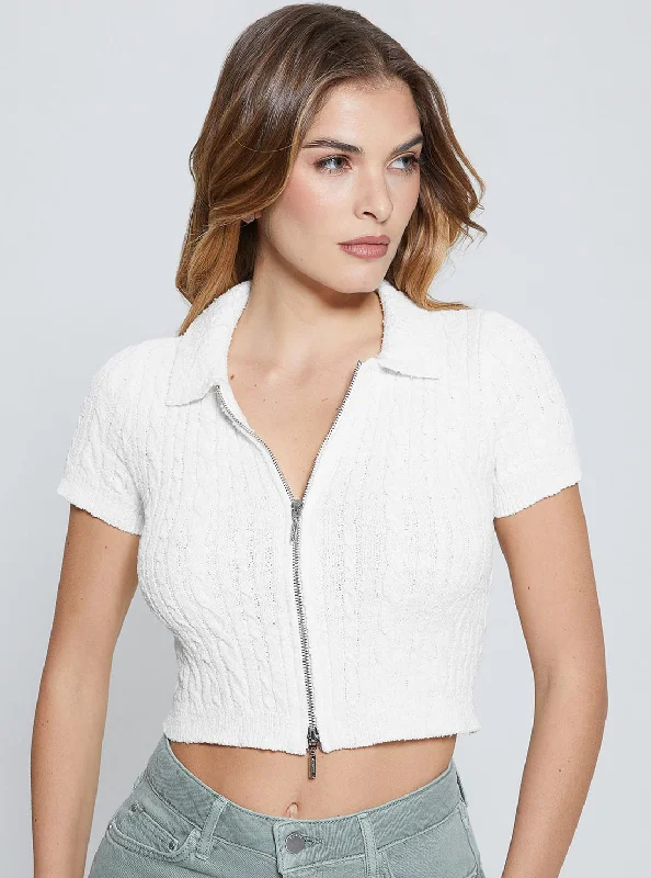 White Two Way Zip Kora Knit Top Best sweaters for cozy nights