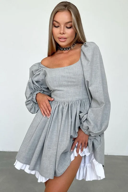 High Waist A-Line Babydoll Dress in Grey Expensive mini dresses