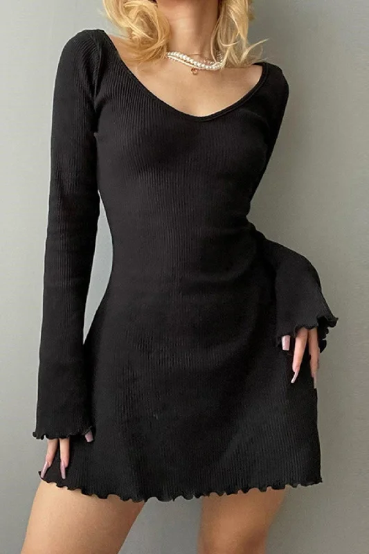 Long Sleeve Lacework Hem Dress with Round Neck Best mini dresses for formal events