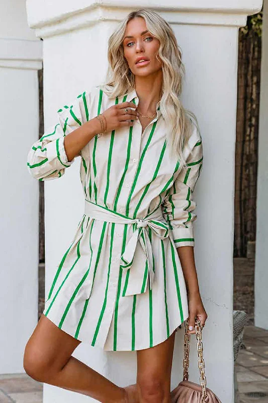 Striped Print Lace-up Shirt Dress - Green Velvet mini dresses