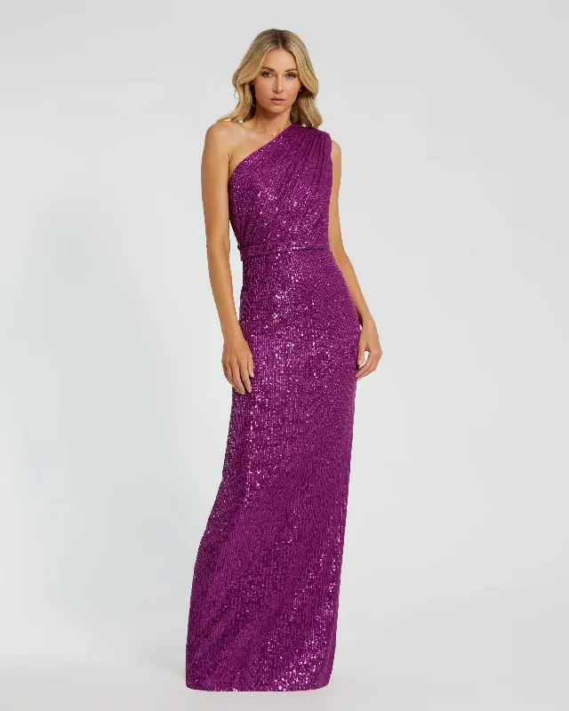 Dark Purple Sequined Ruched One Shoulder Gown Luxury Wedding Dress