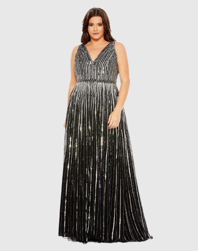 Sequined Striped Sleeveless V Neck A Line Gown (Plus) Short Wedding Gown