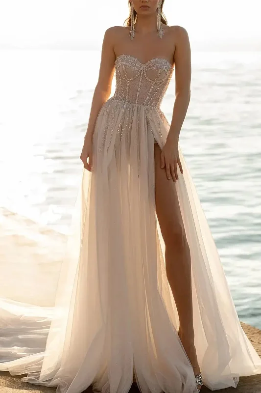 A Line Sweetheart Beads Tulle Bohemian Wedding Dress QW2190 Wedding Dress Set