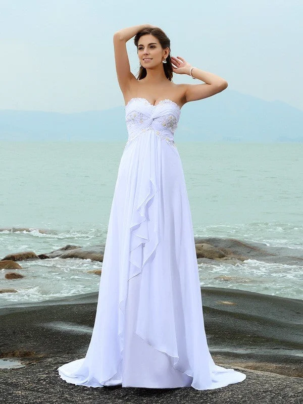 A-Line/Princess Sweetheart Beading Sleeveless Long Chiffon Beach Wedding Dresses TPP0006309 Modern Lace Gown