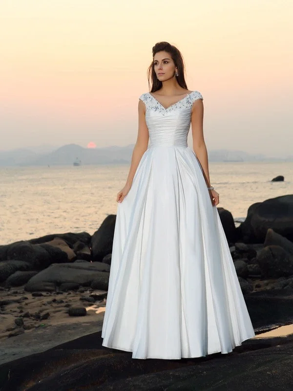 A-Line/Princess V-neck Beading Sleeveless Long Taffeta Beach Wedding Dresses TPP0006380 Sexy Satin Gown