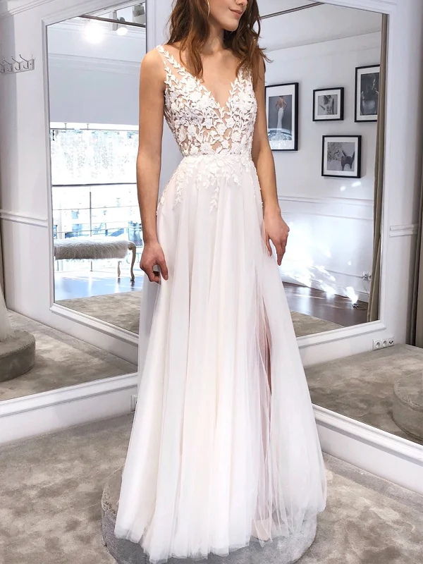 A Line V Neck White Lace Long Prom Dresses, White Lace Wedding Dresses, White Formal Evening Dresses SP2159 Chic Bridal Gown