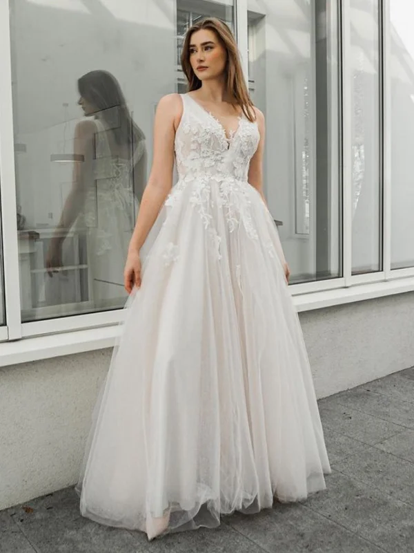 A Line V Neck White Lace Long Prom Dresses, White Lace Wedding Dresses, White Formal Evening Dresses SP2530 Tiered Wedding Dress