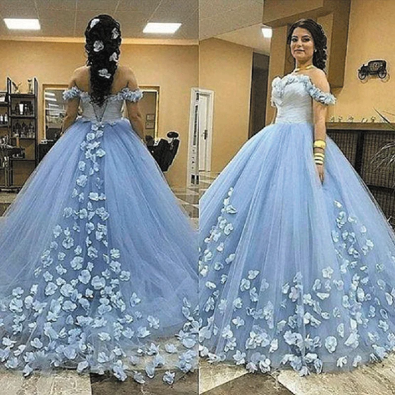 blue wedding dress ball gown 2020 handmade flowers elegant off the shoulder simple bridal dress Elegant Lace Gown