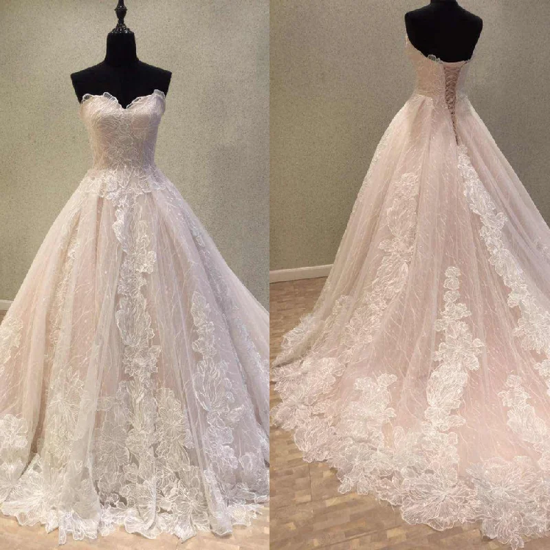 Charming Unique Lace Wedding Dresses, A-Line Sweet Heart Backless Wedding Dresses, KX1089 Classic Satin Gown