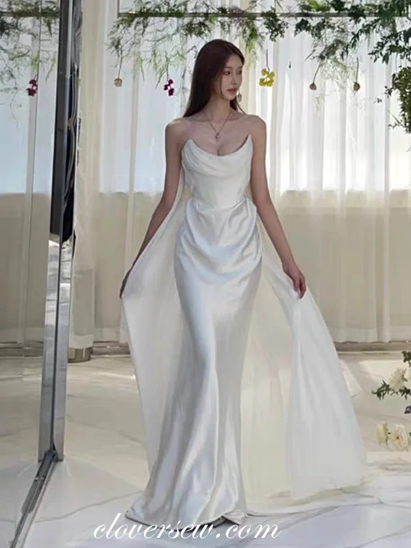 Chiffon And Silk Satin Strapless With Detachable Train Mermaid Beach Wedding Dresses, CW0383 Sparkling Bridal Gown