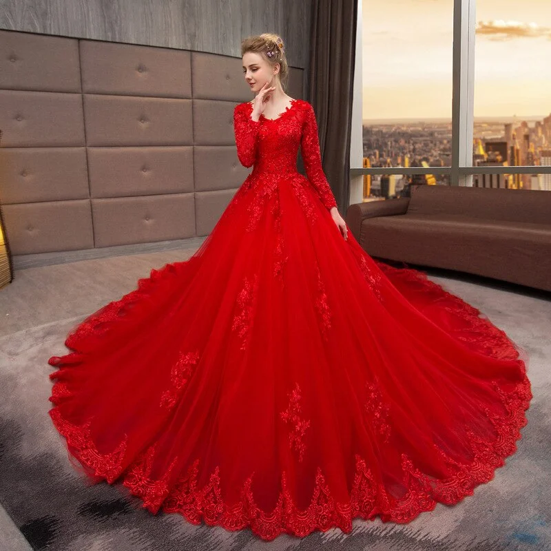 Delicate Long Sleeve Red Lace Petal Bridal Gown Sequined Ball Gown Wedding Dress Princess Bridal Dress