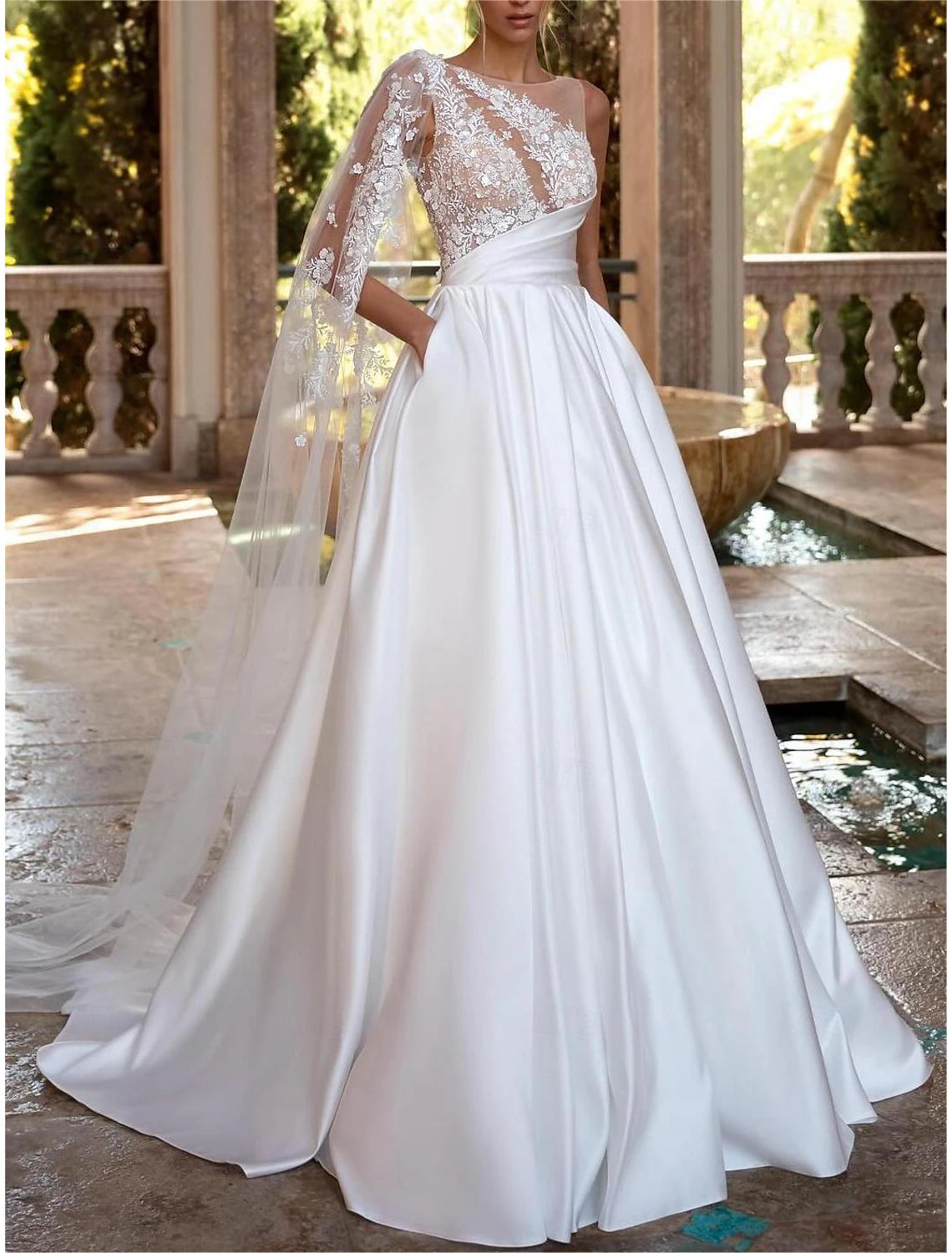 DingJiDress Hall Vintage Open Back Royal Style Wedding Dresses Ball Gown Off Shoulder V Neck Regular Straps Chapel Train Satin Bridal Gowns With Pleats Ruched Off-shoulder Bridal Gown