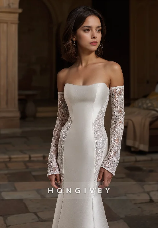 HONGIVEY Sparkle Mermaid Wedding Dresses with Train Lace Long Sleeves 2024 New Open Back Dress