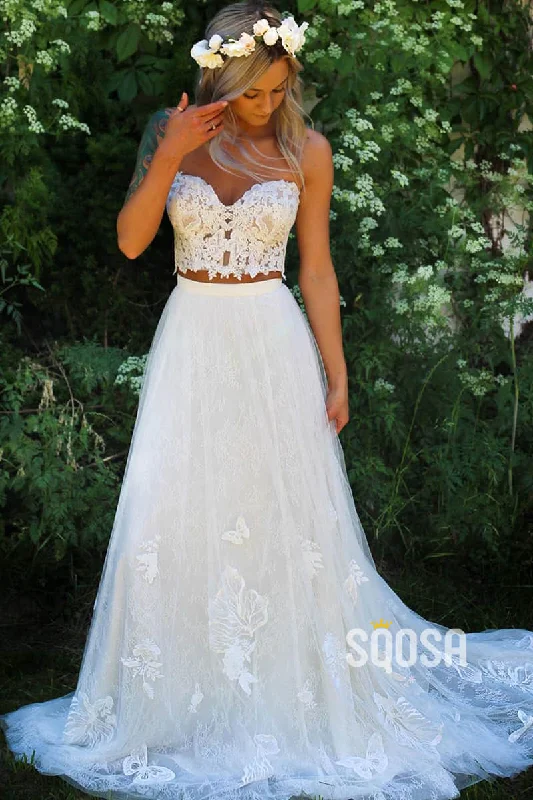 A-line Sweetheart Chic Appliques Two Piece Beach Wedding Dress QW2367 Floral Wedding Gown