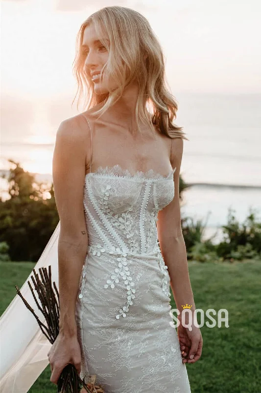 Unique Spaghetti Straps Chic Appliques Lace Wedding Dress QW2463 Strapless Wedding Gown