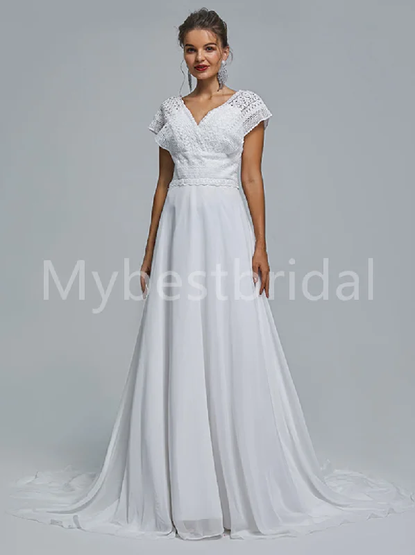 Elegant Cap sleeves V-neck A-line Lace applique Wedding Dresses, WDY0271 Illusion Neckline Gown