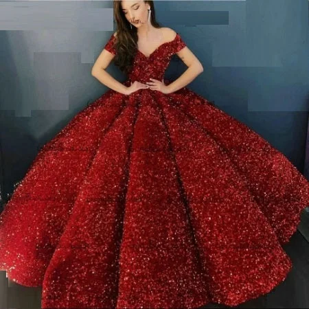 G337, Red Luxury Sequence Quinceanera Ball gown, Size (XS-30 to L-38) Full Skirt Gown