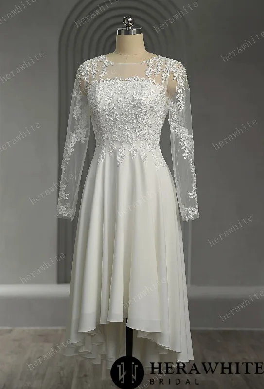 Illusion Lace Long Sleeves Tulle Short Wedding Dress Sparkling Wedding Dress