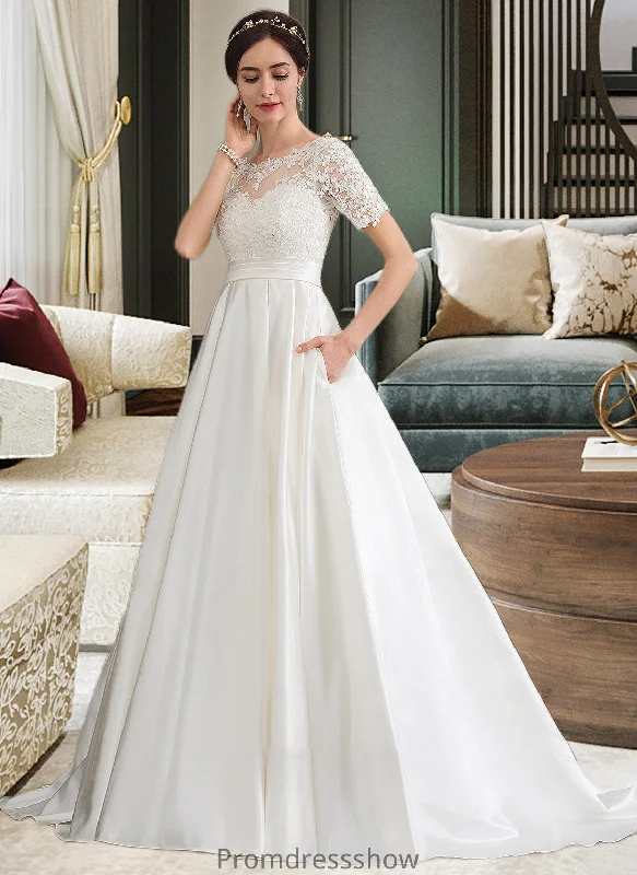 Jordyn Ball-Gown/Princess Scoop Neck Court Train Satin Wedding Dress With Beading Sequins Pockets STKP0013777 Full Skirt Wedding