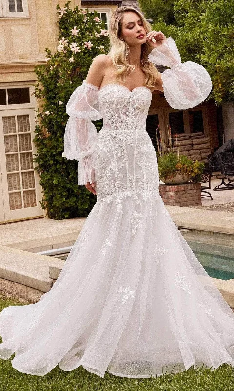 Ladivine CD858W - Puff Sleeve Bridal Gown Elegant A-line Gown