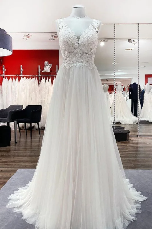 Long A-line Tulle V Neck Open Back Appliques Lace Wedding Dress Luxury Lace Gown