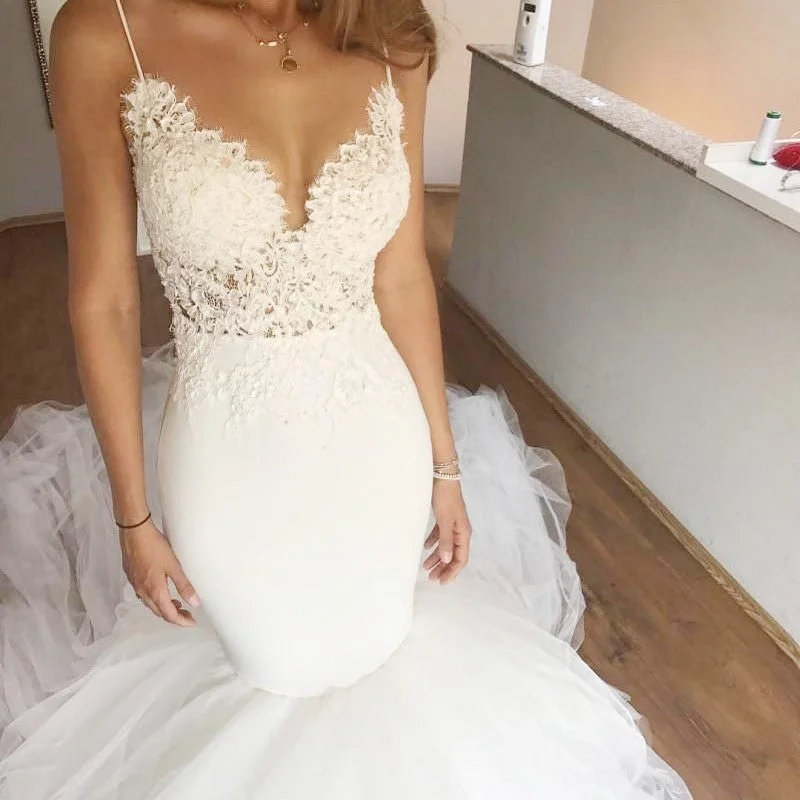 Sexy Mermaid Lace Top Backless Tulle Spaghetti Strpas Wedding Dress, LB0809 Lace Wedding Dress