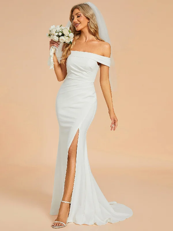 Maxi Long Side Split Wholesale Wedding Dresses With Off Shoulder Off-shoulder Wedding Gown