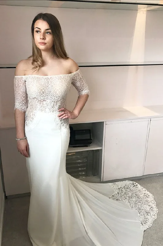 Off Shoulder Half Sleeves Lace Mermaid Wedding Dresses Lace A-line Dress