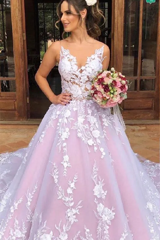 Princess Long V Neck A-line Light Lavender Wedding Dress with Lace Illusion Lace Gown