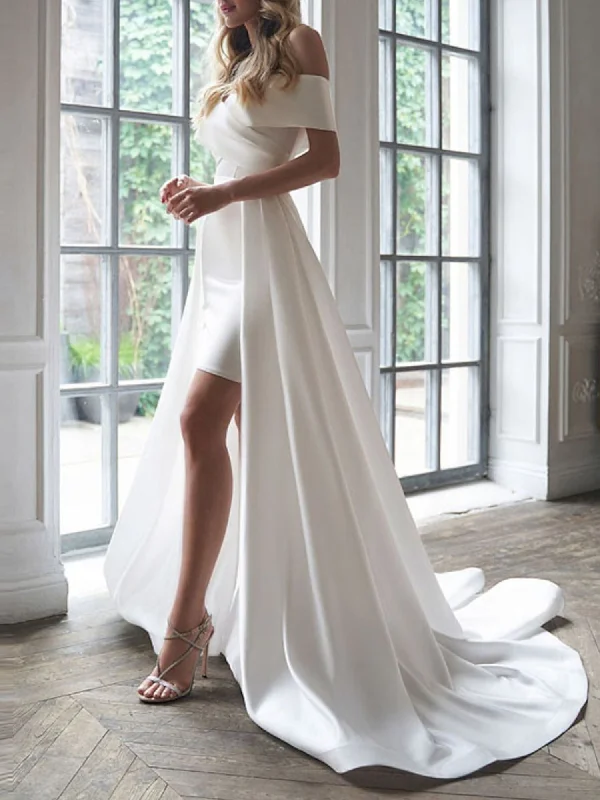 Sheath/Column Off-the-shoulder Short Sleeves Elegant Wedding Dress with Ruffle Silk Wedding Gown